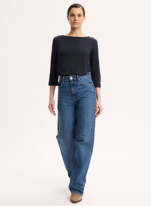 Majestic Filatures Tee Shirt Marine Manches 3/4 Col Bateau En Lin Lin / Elasthanne