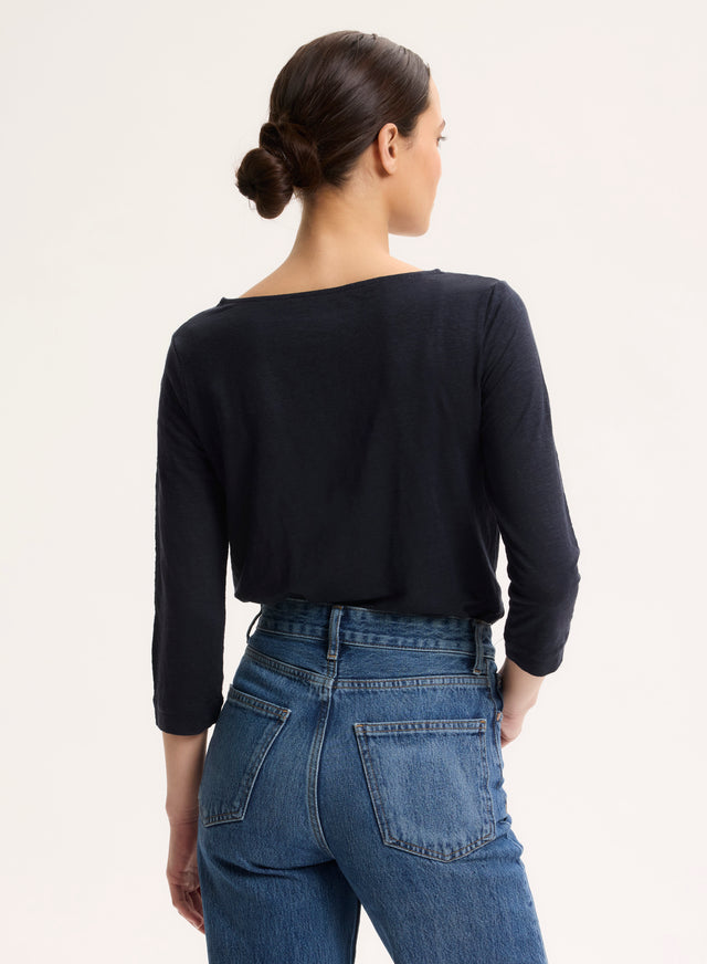 Majestic Filatures Tee Shirt Marine Manches 3/4 Col Bateau En Lin Lin / Elasthanne