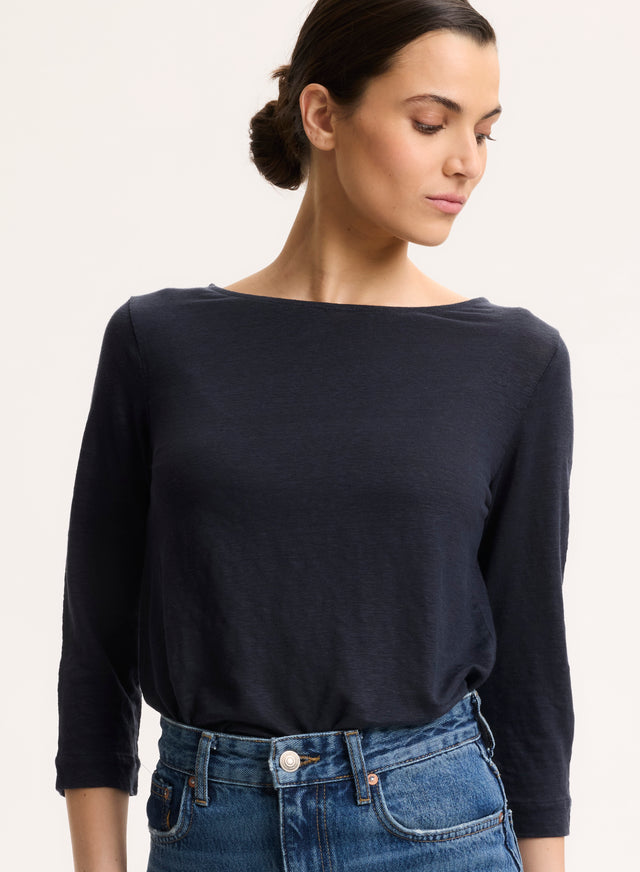 majestic filatures Tee shirt Marine Manches 3/4 Col Bateau en Lin Lin / Elasthanne