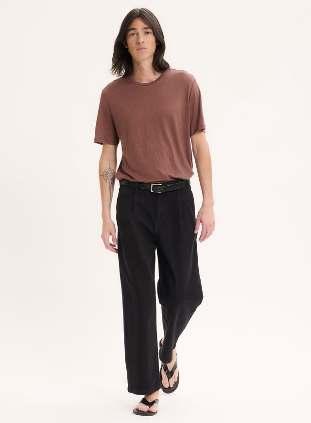 Majestic Filatures Tee Shirt Marron Col Rond Manches Courtes En Lin / Elasthanne Lin / Elasthanne