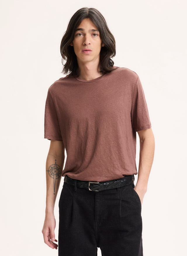 Majestic Filatures Tee Shirt Marron Col Rond Manches Courtes En Lin / Elasthanne Lin / Elasthanne