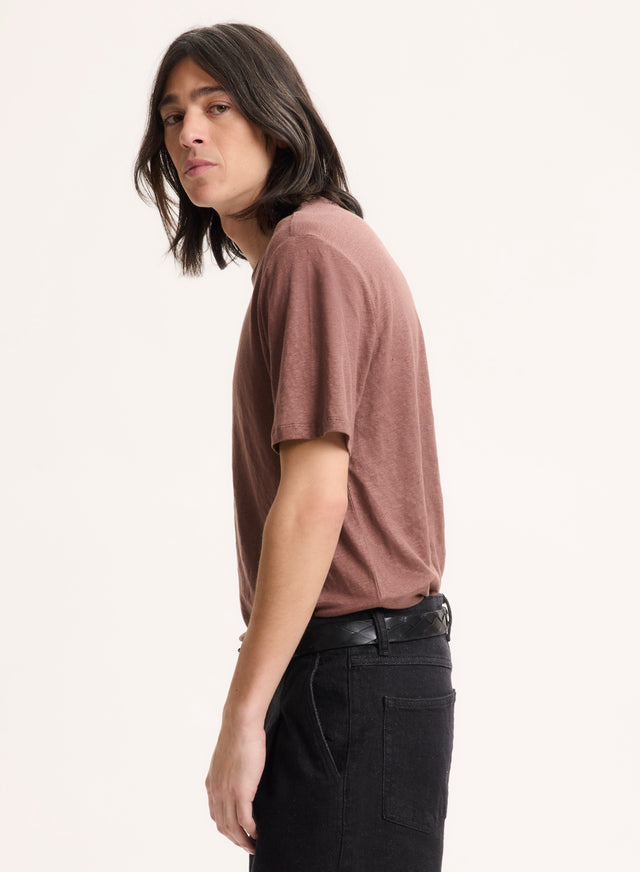 Majestic Filatures Tee Shirt Marron Col Rond Manches Courtes En Lin / Elasthanne Lin / Elasthanne