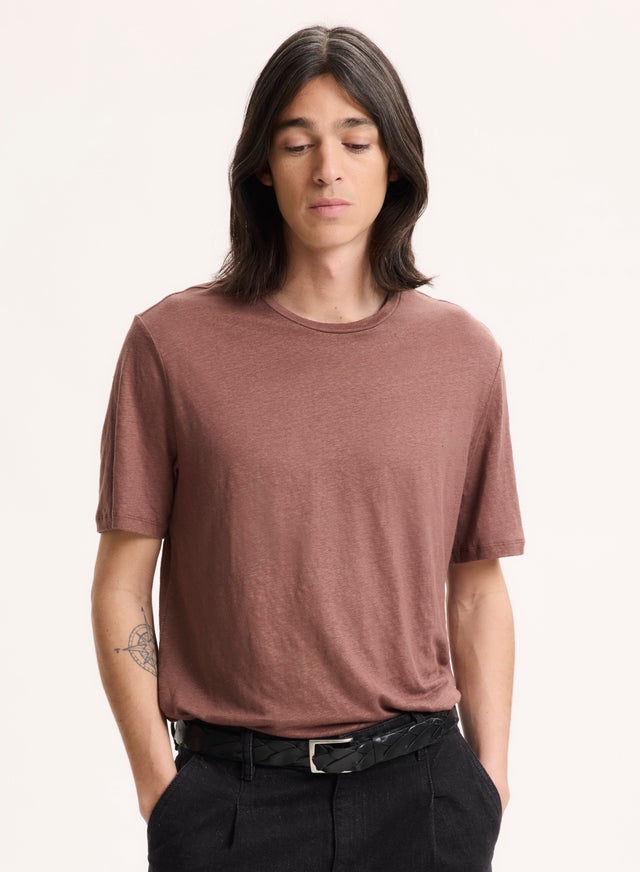 majestic filatures Tee shirt Marron Col Rond Manches Courtes en Lin / Elasthanne Lin / Elasthanne