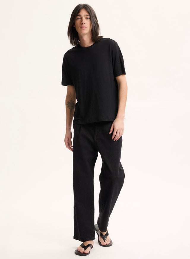 Majestic Filatures Tee Shirt Noir Col Rond Manches Courtes En Lin / Elasthanne Lin / Elasthanne