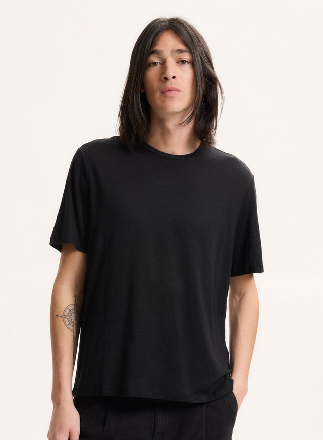 Majestic Filatures Tee Shirt Noir Col Rond Manches Courtes En Lin / Elasthanne Lin / Elasthanne