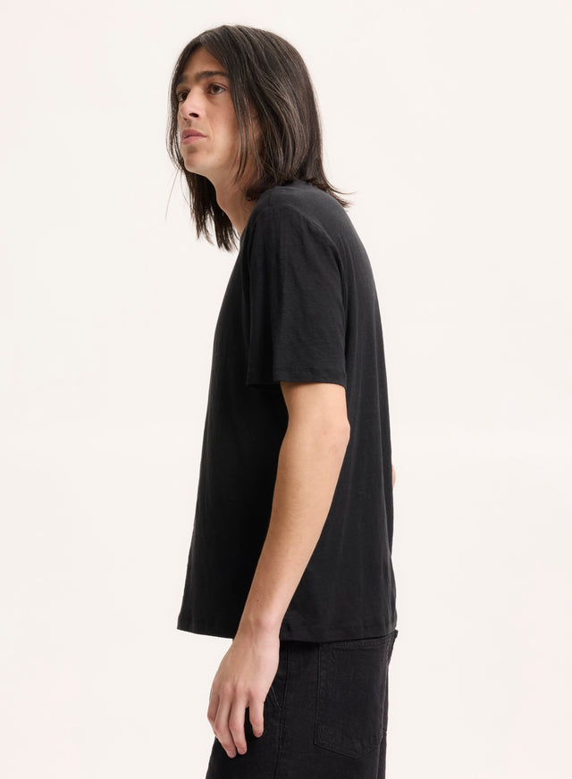 Majestic Filatures Tee Shirt Noir Col Rond Manches Courtes En Lin / Elasthanne Lin / Elasthanne