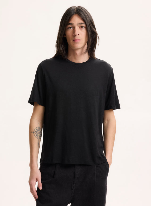 majestic filatures Tee shirt Noir Col Rond Manches Courtes en Lin / Elasthanne Lin / Elasthanne