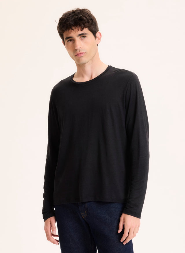 Majestic Filatures Tee Shirt Noir Col Rond Manches Longues En Lin / Elasthanne Lin / Elasthanne