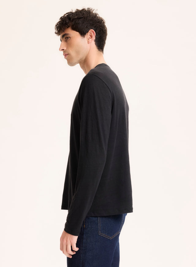 Majestic Filatures Tee Shirt Noir Col Rond Manches Longues En Lin / Elasthanne Lin / Elasthanne
