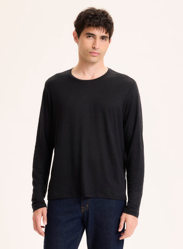 majestic filatures Tee shirt Noir Col Rond Manches Longues en Lin / Elasthanne Lin / Elasthanne