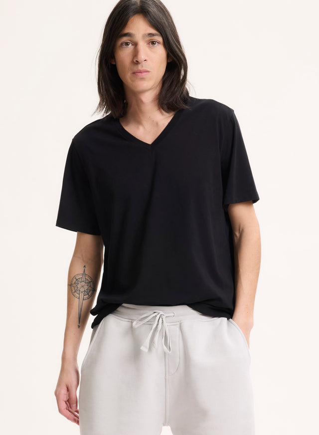 majestic filatures Tee shirt Noir Col V Manches Courtes Coton organique / Elasthanne