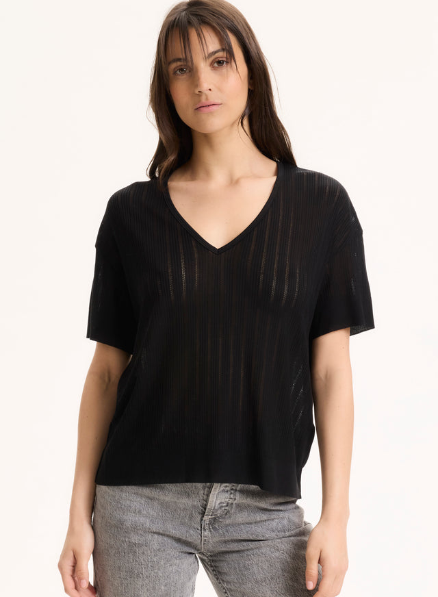 Majestic Filatures Tee Shirt Noir Col V Manches Courtes En LYOCELL / TENCEL LYOCELL / TENCEL
