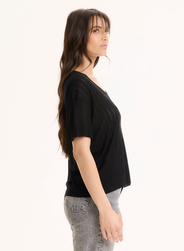 Majestic Filatures Tee Shirt Noir Col V Manches Courtes En LYOCELL / TENCEL LYOCELL / TENCEL