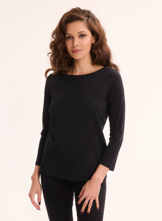 Majestic Filatures Tee Shirt Noir Manches 3/4 Col Bateau En Coton Organique Coton Organique