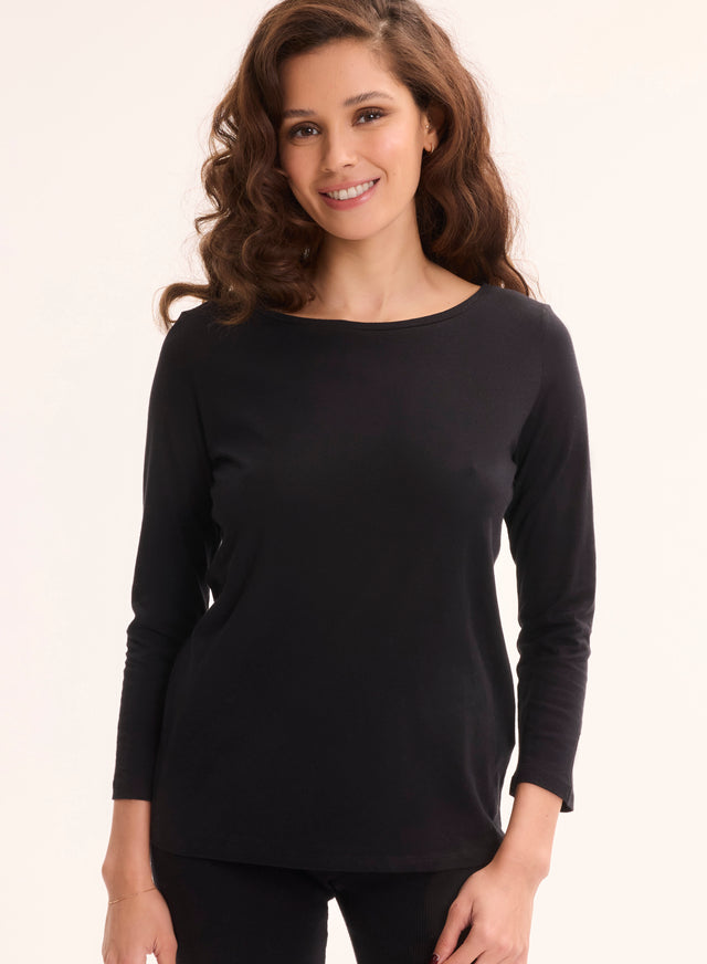 majestic filatures Tee shirt Noir Manches 3/4 Col Bateau en Coton organique Coton organique