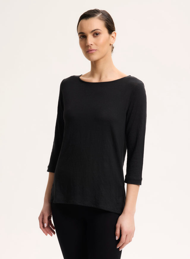 Majestic Filatures Tee Shirt Noir Manches 3/4 Col Bateau En Lin Lin / Elasthanne