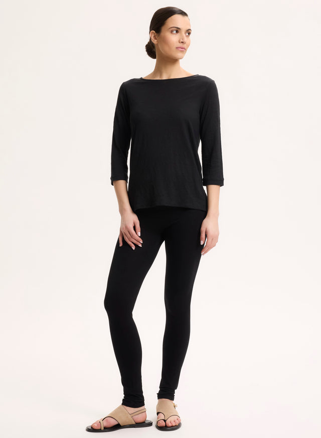 Majestic Filatures Tee Shirt Noir Manches 3/4 Col Bateau En Lin Lin / Elasthanne
