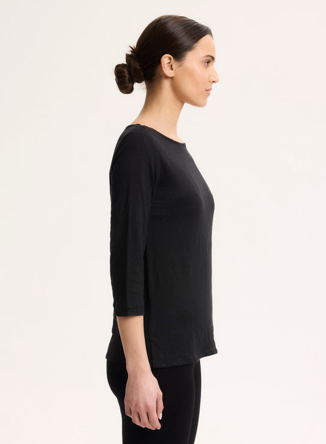 Majestic Filatures Tee Shirt Noir Manches 3/4 Col Bateau En Lin Lin / Elasthanne