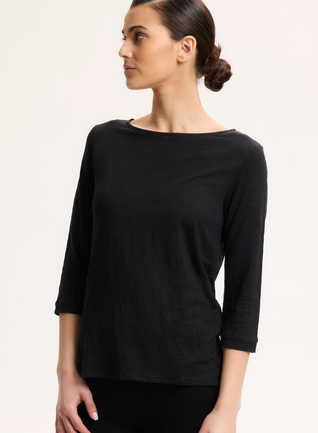 majestic filatures Tee shirt Noir Manches 3/4 Col Bateau en Lin Lin / Elasthanne