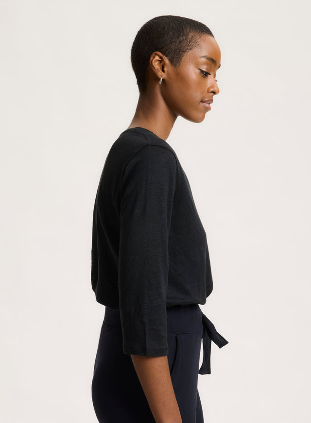 Majestic Filatures Tee Shirt Noir Manches 3/4 Col V En Lin / Elasthanne Lin / Elasthanne