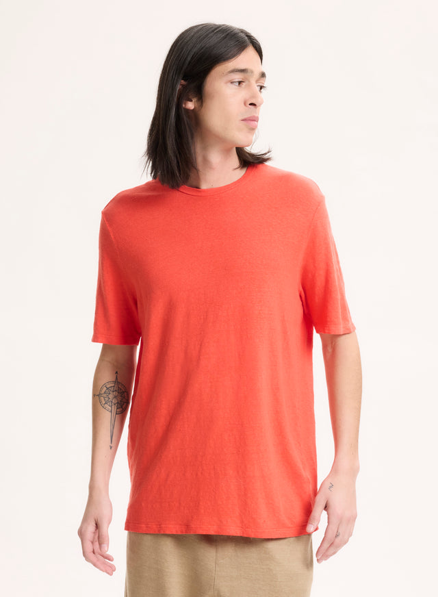 Majestic Filatures Tee Shirt Orange Col Rond Manches Courtes En Lin / Elasthanne Lin / Elasthanne