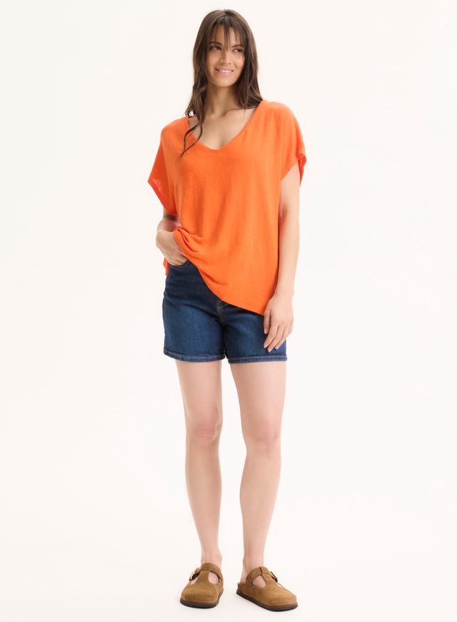 Majestic Filatures Tee Shirt Orange Col V Manches Courtes En Lin / Elasthanne Lin / Elasthanne