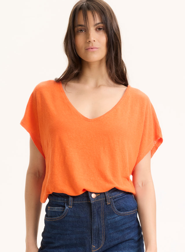 Majestic Filatures Tee Shirt Orange Col V Manches Courtes En Lin / Elasthanne Lin / Elasthanne
