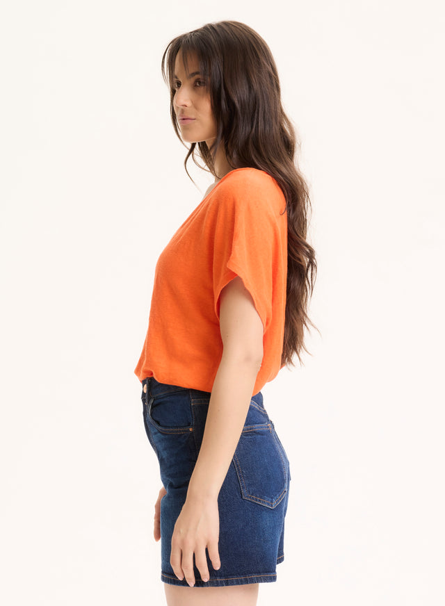 Majestic Filatures Tee Shirt Orange Col V Manches Courtes En Lin / Elasthanne Lin / Elasthanne