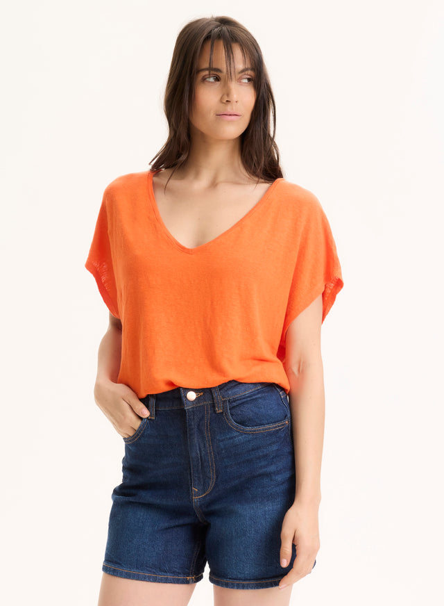 majestic filatures Tee shirt orange Col V Manches Courtes en Lin / Elasthanne Lin / Elasthanne