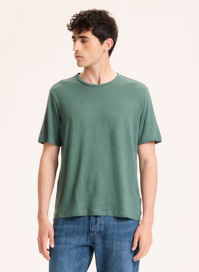 Majestic Filatures Tee Shirt Vert Col Rond Manches Courtes En Lin / Elasthanne Lin / Elasthanne