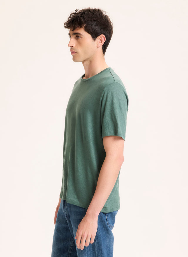 Majestic Filatures Tee Shirt Vert Col Rond Manches Courtes En Lin / Elasthanne Lin / Elasthanne