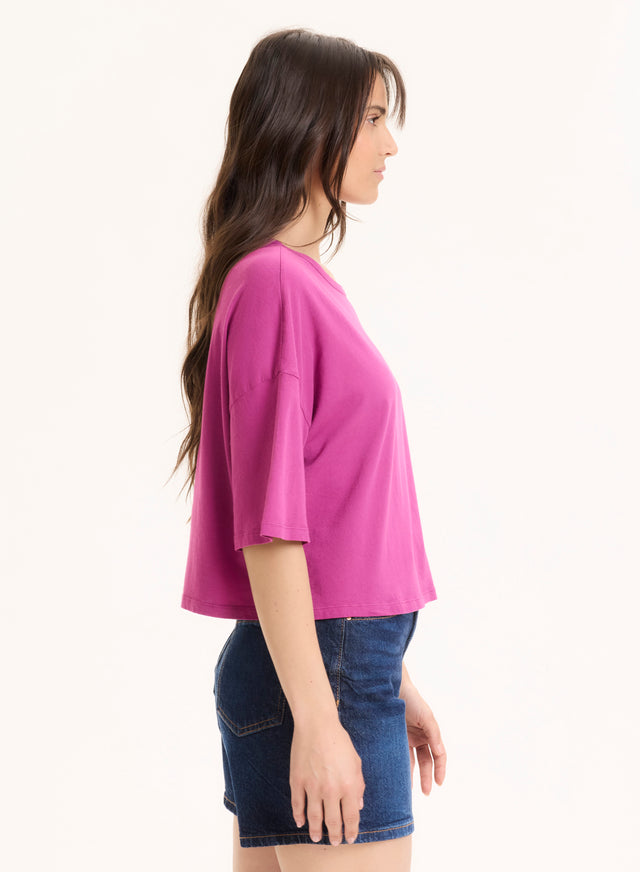 Majestic Filatures Tee Shirt Violet Col Bateau Manches Courtes En Coton Organique Coton Organique