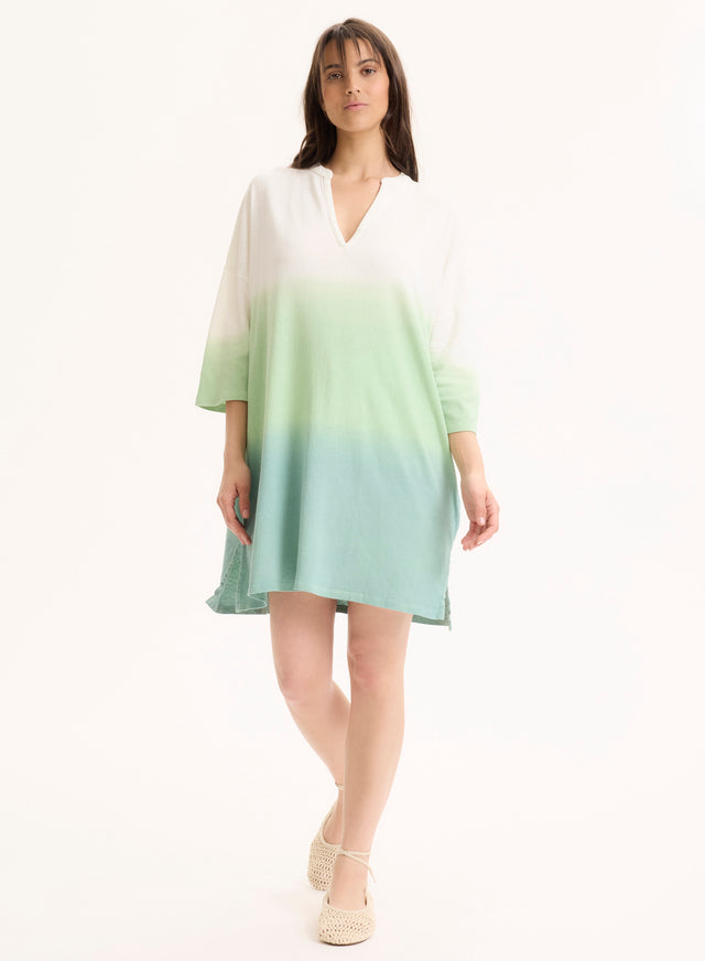 Majestic Filatures Tunique Vert Clair Col Tunisien Manches Trois Quarts En Coton Organique / Lin Coton Organique / Lin