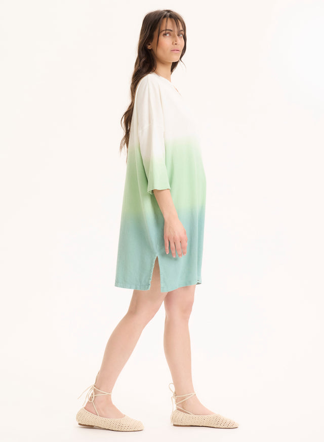 Majestic Filatures Tunique Vert Clair Col Tunisien Manches Trois Quarts En Coton Organique / Lin Coton Organique / Lin