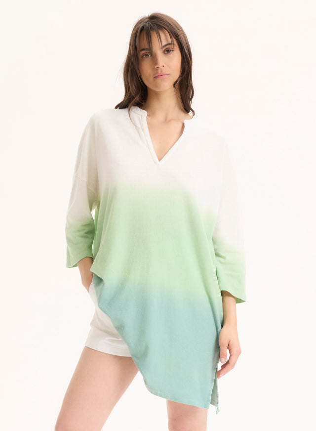 majestic filatures Tunique Vert clair Col Tunisien Manches Trois quarts en Coton organique / Lin Coton organique / Lin