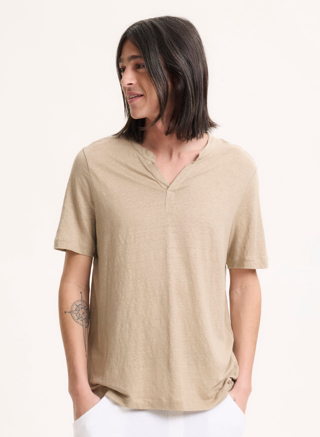 majestic filatures Tunisien Beige Col Tunisien Manches Courtes en Lin / Elasthanne Lin / Elasthanne