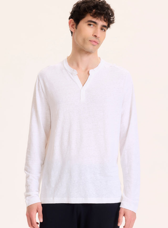 Majestic Filatures Tunisien Blanc Col Tunisien Manches Longues En Lin / Elasthanne Lin / Elasthanne