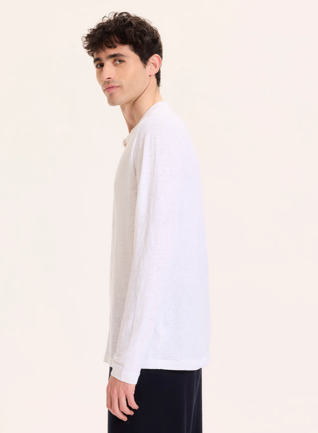 Majestic Filatures Tunisien Blanc Col Tunisien Manches Longues En Lin / Elasthanne Lin / Elasthanne