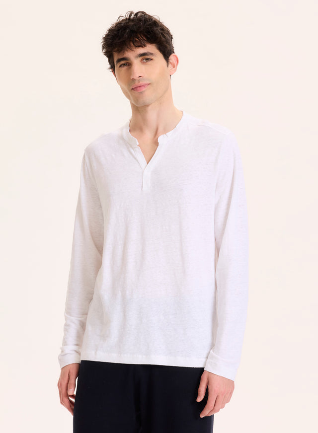 majestic filatures Tunisien Blanc Col Tunisien Manches Longues en Lin / Elasthanne Lin / Elasthanne