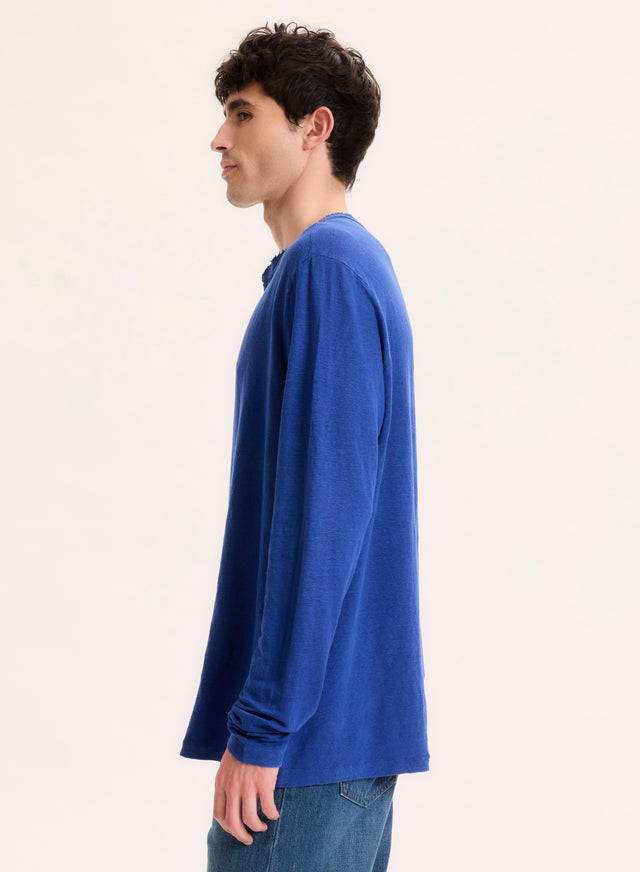 Majestic Filatures Tunisien Bleu Col Tunisien Manches Longues En Lin / Elasthanne Lin / Elasthanne