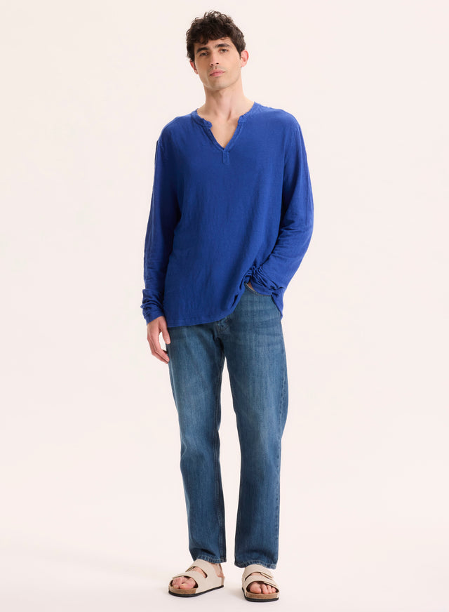 Majestic Filatures Tunisien Bleu Col Tunisien Manches Longues En Lin / Elasthanne Lin / Elasthanne