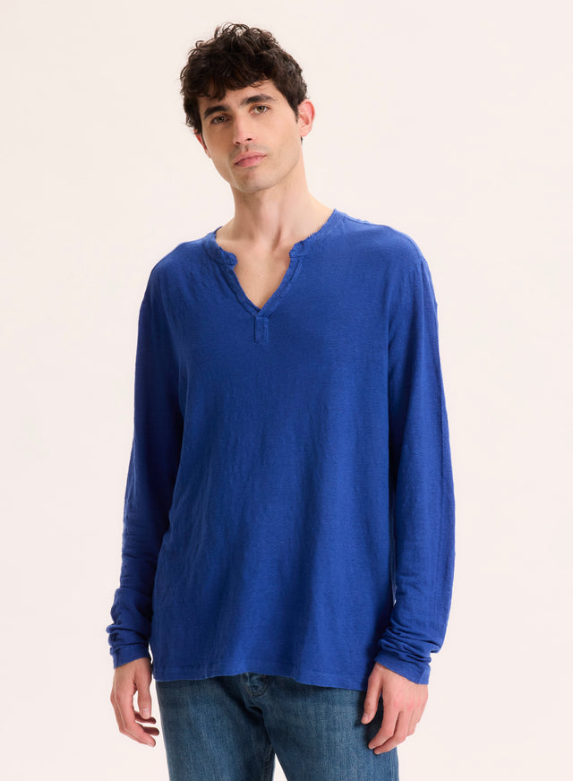 Majestic Filatures Tunisien Bleu Col Tunisien Manches Longues En Lin / Elasthanne Lin / Elasthanne