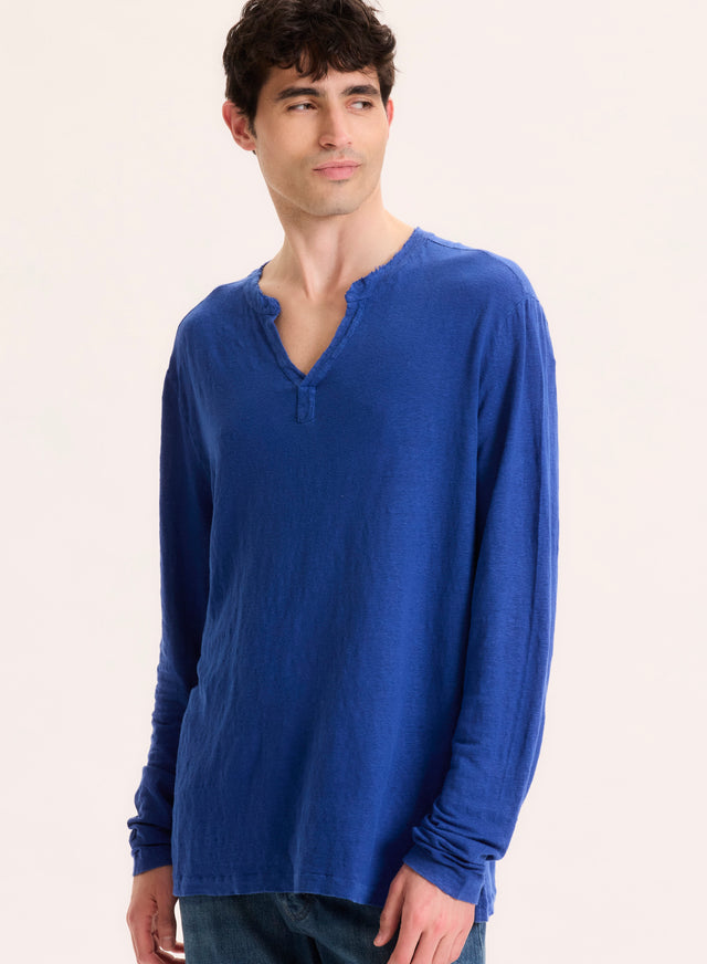 majestic filatures Tunisien Bleu Col Tunisien Manches Longues en Lin / Elasthanne Lin / Elasthanne