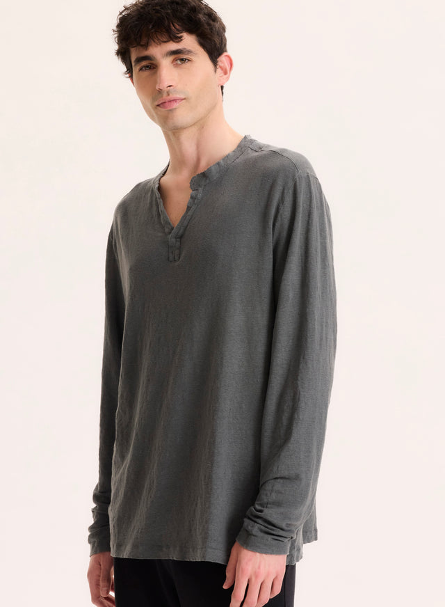 Majestic Filatures Tunisien Gris Col Tunisien Manches Longues En Lin / Elasthanne Lin / Elasthanne