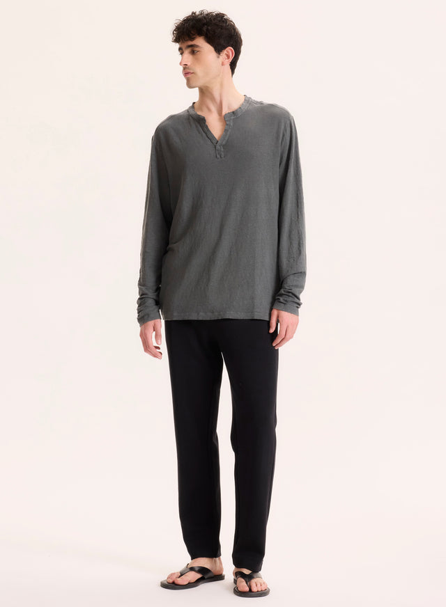 Majestic Filatures Tunisien Gris Col Tunisien Manches Longues En Lin / Elasthanne Lin / Elasthanne