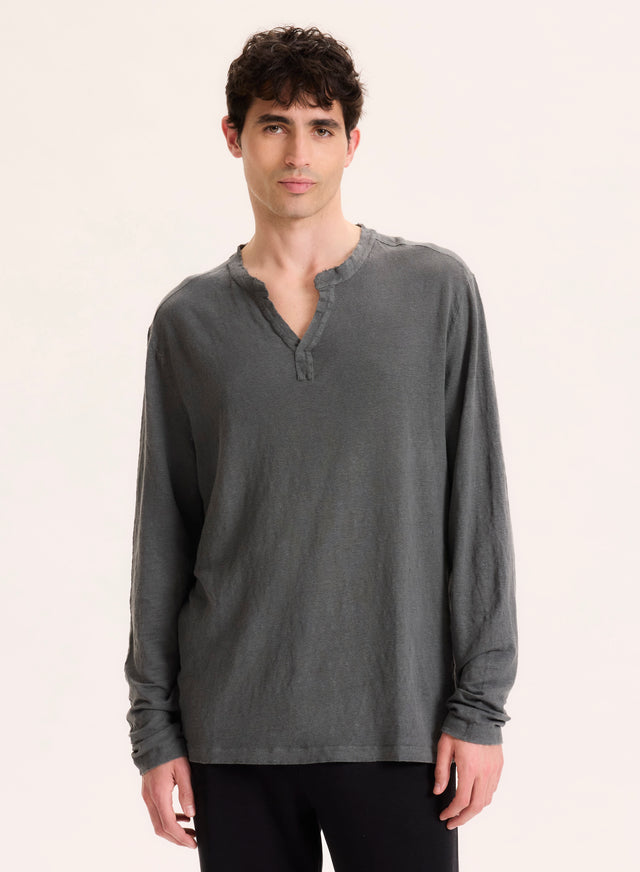 majestic filatures Tunisien Gris Col Tunisien Manches Longues en Lin / Elasthanne Lin / Elasthanne