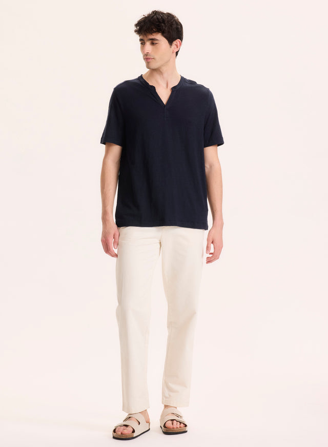 Majestic Filatures Tunisien Marine Col Tunisien Manches Courtes En Lin / Elasthanne Lin / Elasthanne