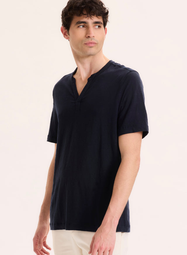 Majestic Filatures Tunisien Marine Col Tunisien Manches Courtes En Lin / Elasthanne Lin / Elasthanne