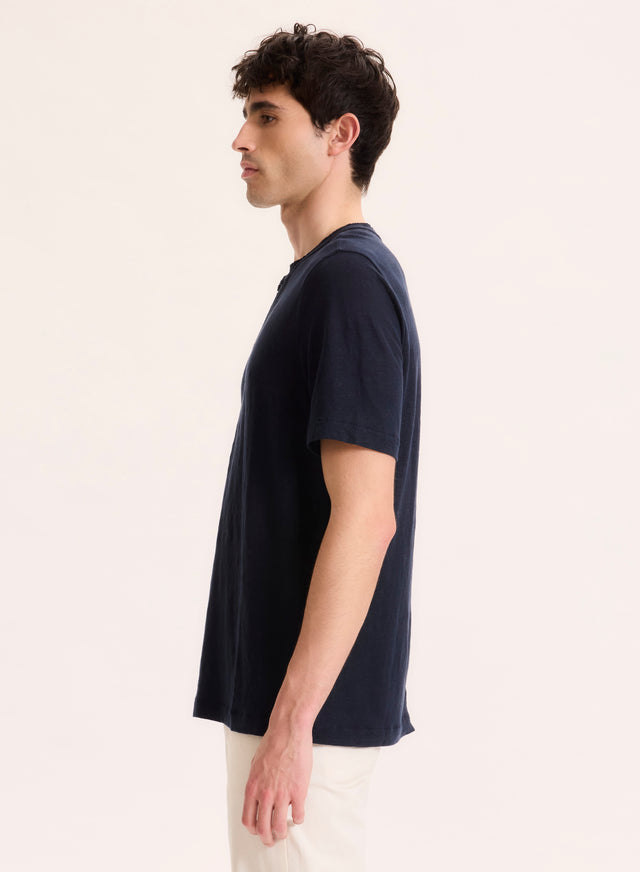 Majestic Filatures Tunisien Marine Col Tunisien Manches Courtes En Lin / Elasthanne Lin / Elasthanne