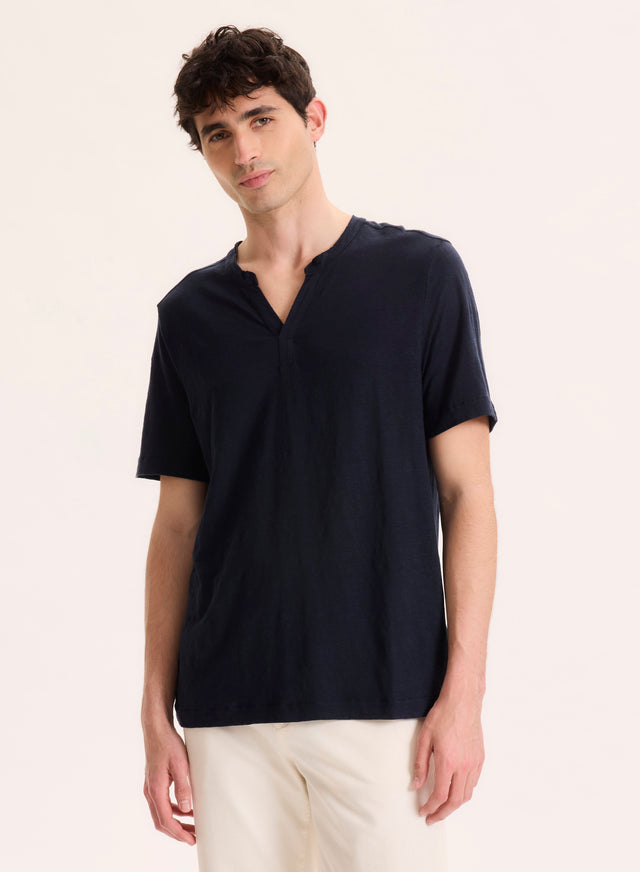 majestic filatures Tunisien Marine Col Tunisien Manches Courtes en Lin / Elasthanne Lin / Elasthanne